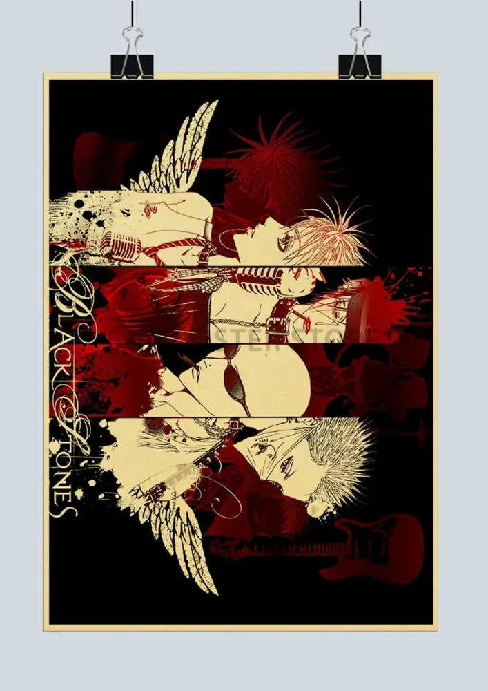 Black and red decorbites™ nana anime kraft paper poster set featuring stylized winged characters with guitars and blood splatter effects