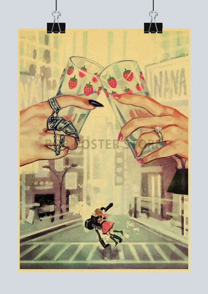 Vintage-style nana anime kraft paper poster with two hands toasting clear strawberry-patterned glasses against cityscape backdrop