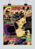 Vibrant nana anime kraft poster featuring a blonde anime girl with dark makeup and black rose floral headdress on purple background