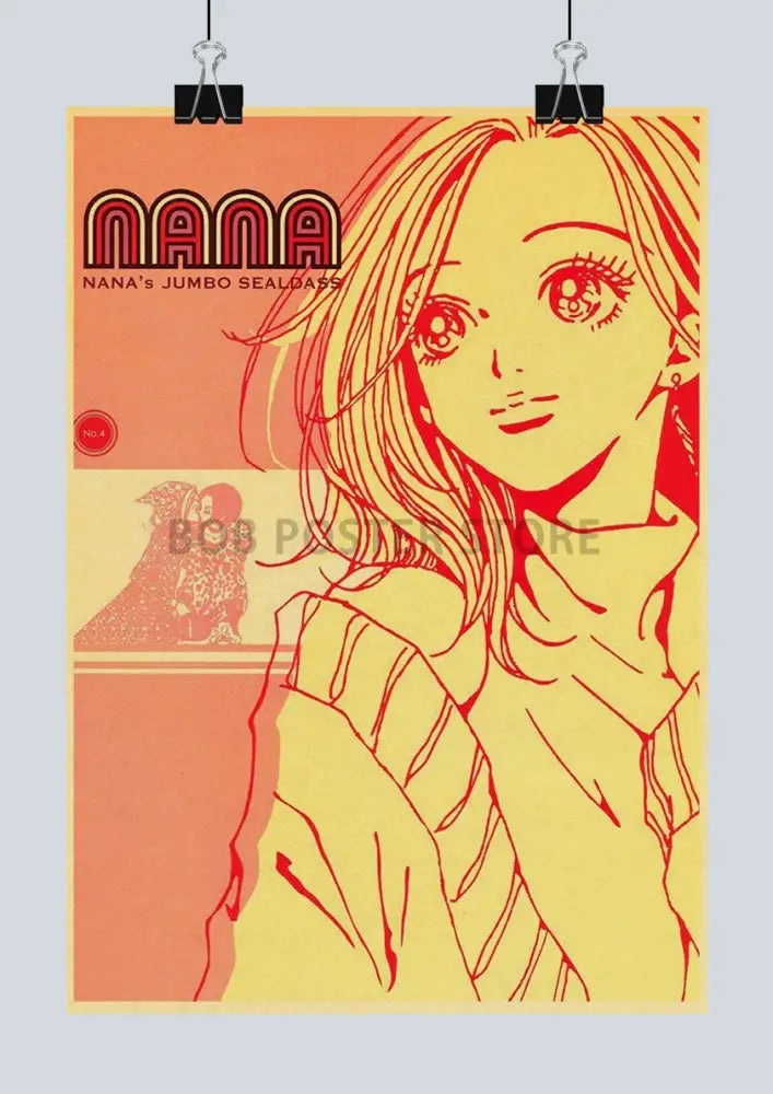 A vibrant orange and red nana anime kraft poster featuring a stylized anime girl in a striped top from the kraft poster set