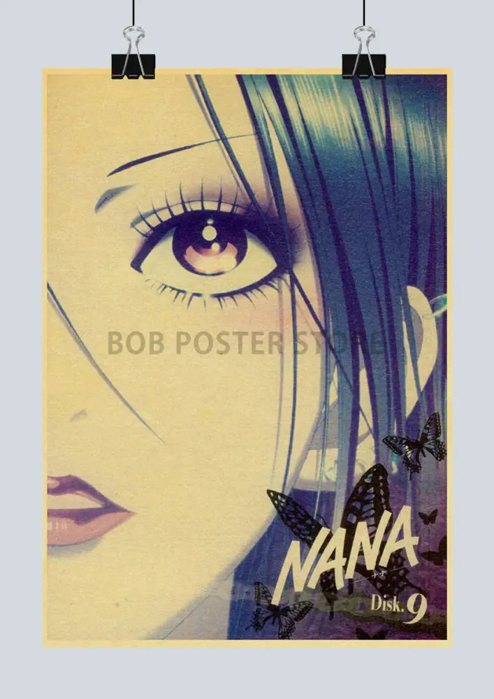 Vintage-style nana anime poster with purple blue hair and black butterflies on retro kraft paper wall decor