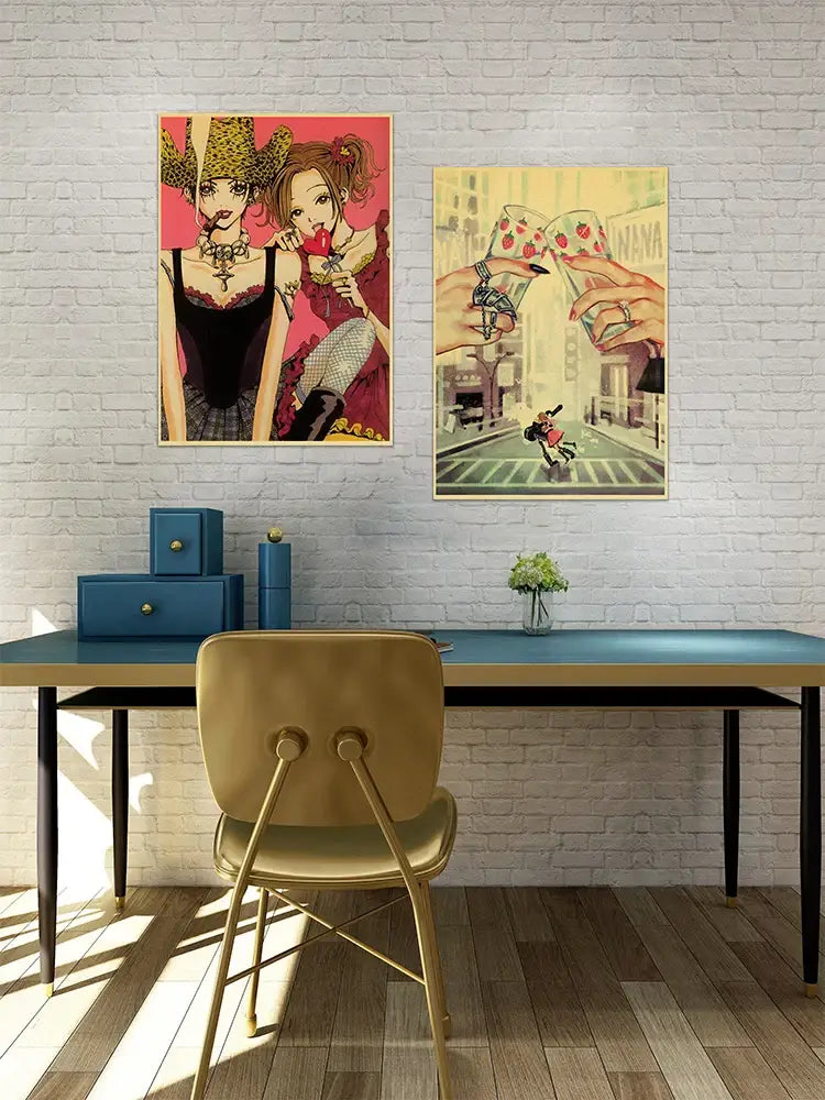 Gold metal chair with curved backrest and seat displayed alongside decorbites™ nana anime posters on retro kraft paper prints