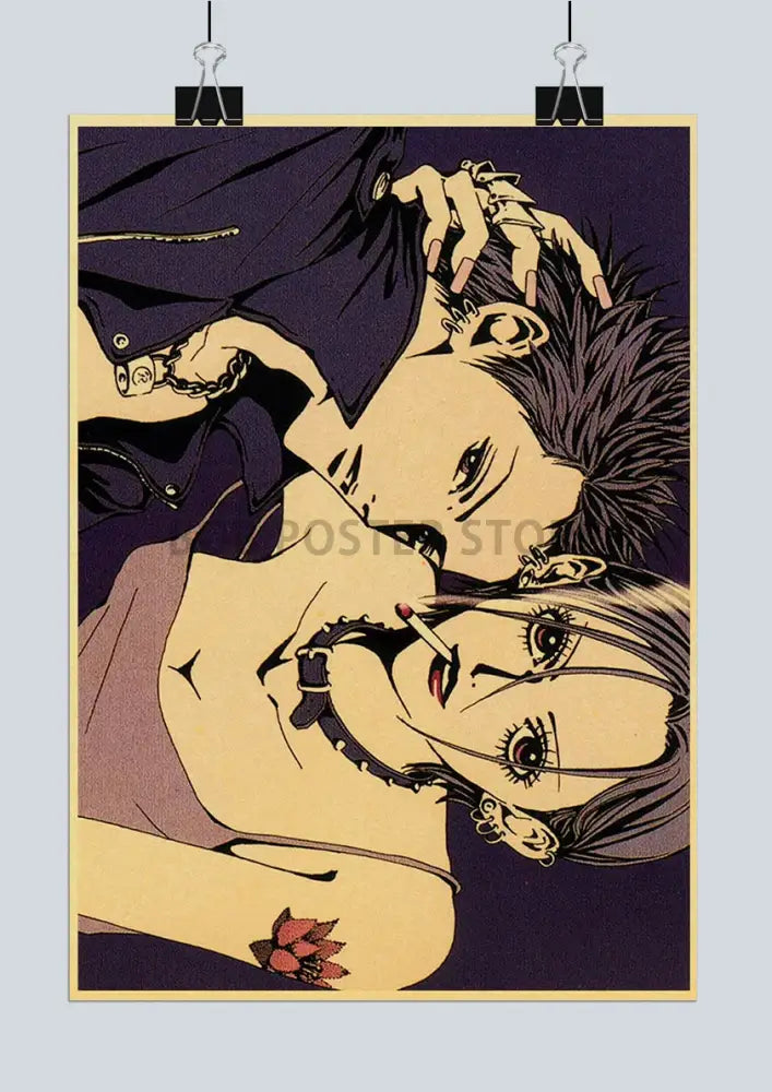 Vintage-style nana anime poster with two characters in purple yellow and red tones on retro kraft paper print
