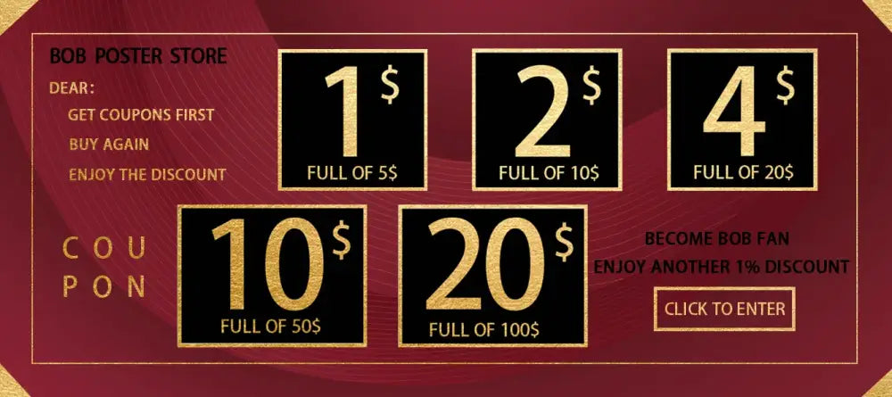 Red promotional coupon for bob poster store showing gold discount amounts on black squares for decorbites™ nana retro kraft paper wall posters