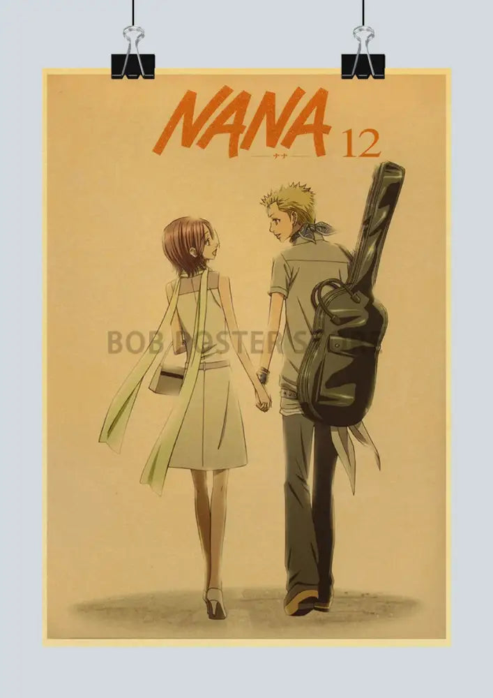 Vintage-style nana anime retro poster featuring nana and her male companion with guitar case for nostalgic wall decor