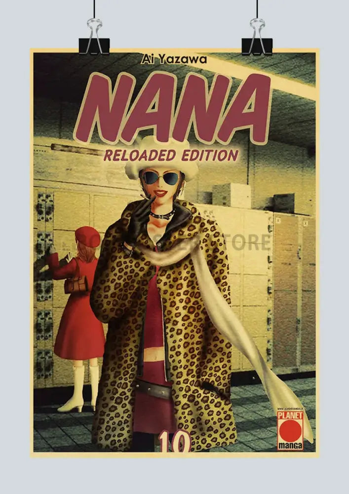 Vintage-style nana anime retro poster featuring a woman in leopard-print coat and white hat for nostalgic wall decor