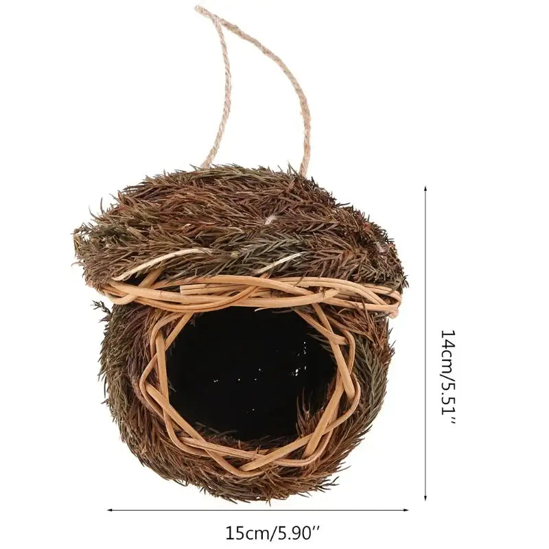 DecorBites natural grass bird cage shaped like an acorn with woven twig rim and hanging twine for outdoor use