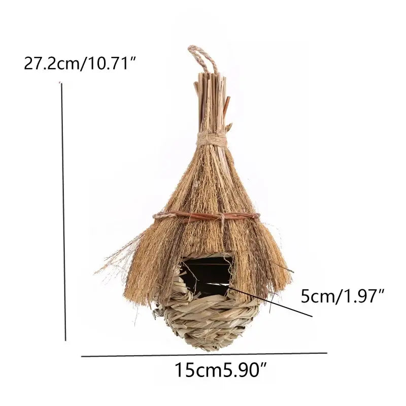 Handwoven natural grass bird cage with hanging loop and woven base style birds nest for outdoor decor by decorbites