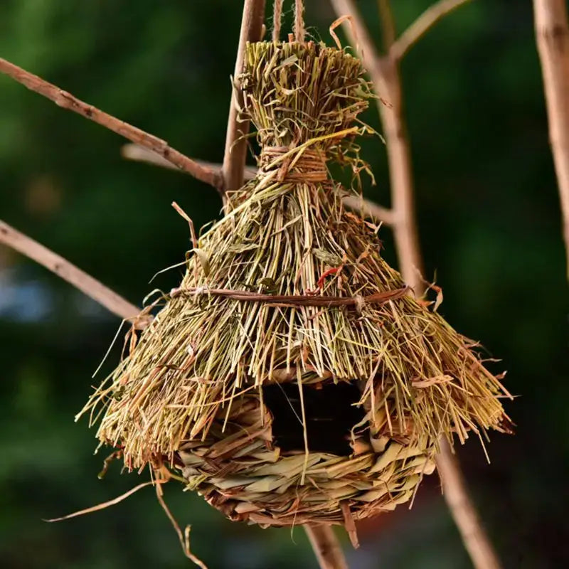 DecorBites™ natural grass bird cage with conical roof in earthy tones resembling a rustic style birds nest for outdoor decor
