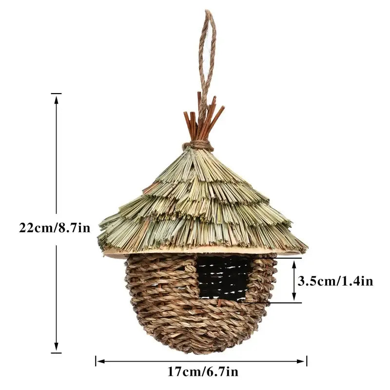 Decorbites™ natural grass bird cage with handwoven thatched roof parrot nest and hanging loop for birds