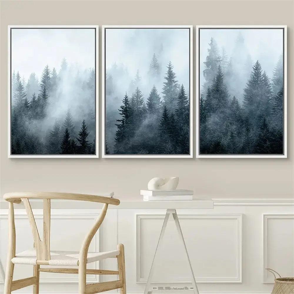 Decorbites™ nature landscape canvas print set featuring three blue and gray misty evergreen forest prints with white frames