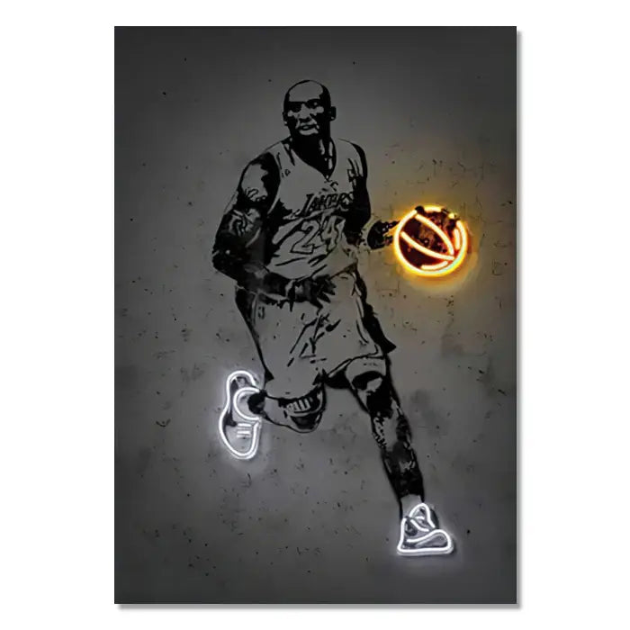 DecorBites™ NBA and soccer stars neon wall art featuring a neon-lit basketball player with glowing orange ball and white shoes
