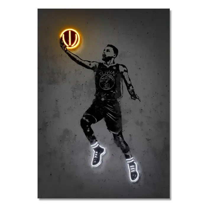 Stylized black and white neon wall art of a basketball player with an illuminated golden state warriors ball from decorbites nba and soccer stars neon collection