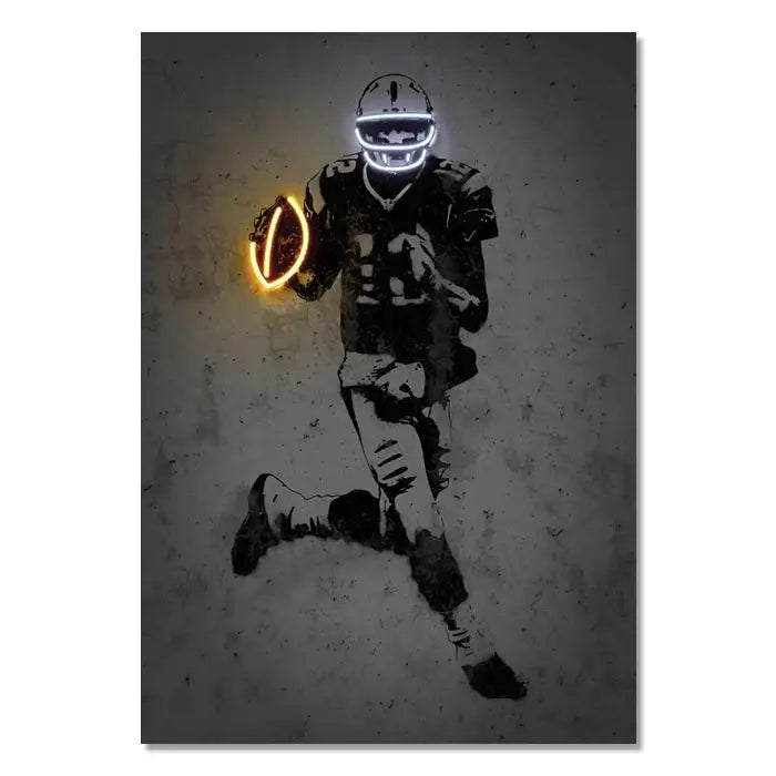 DecorBites™ neon sports stars wall art print features a black-and-white stencil football player mural for modern home decor
