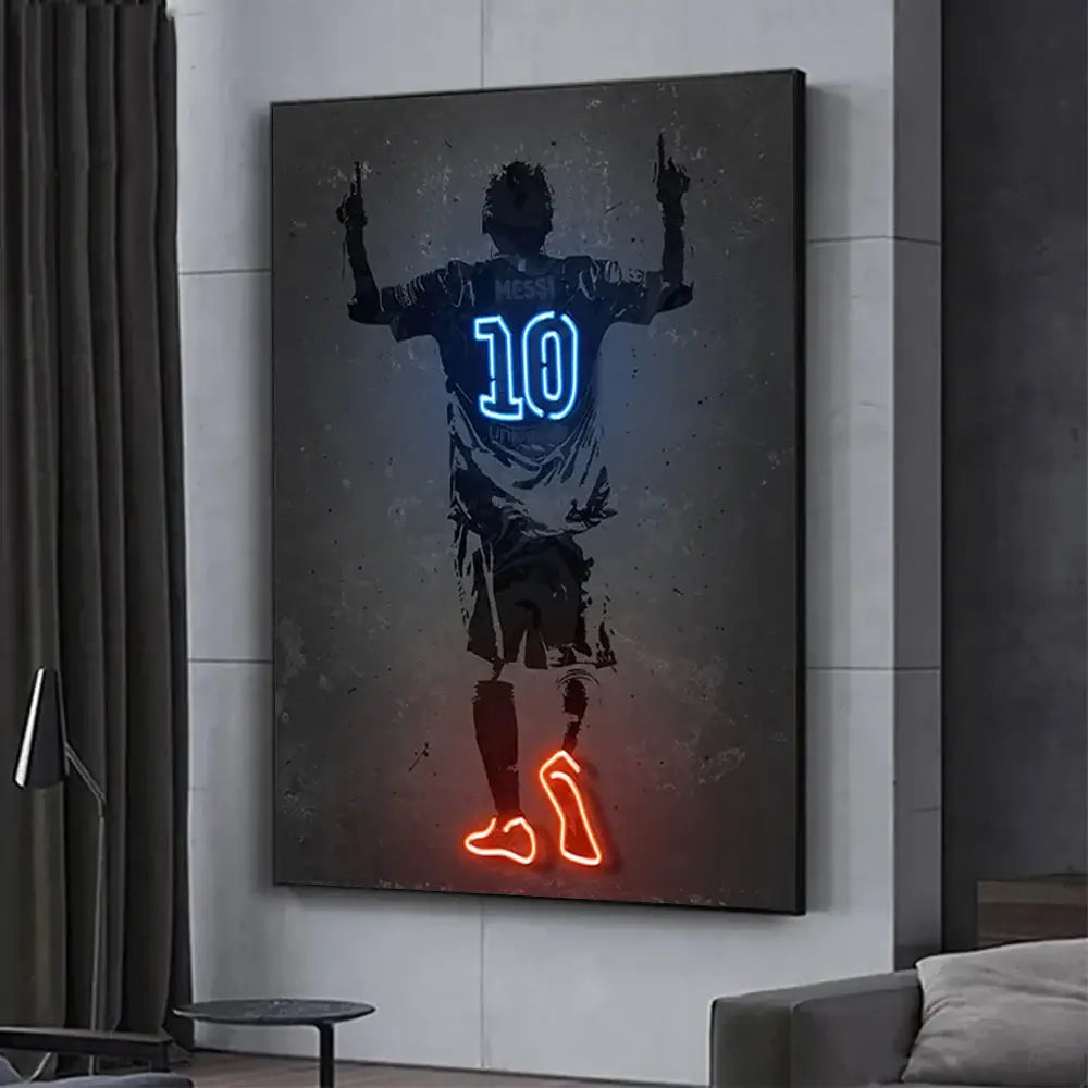 DecorBites™ neon sports stars wall art print featuring lionel messi silhouette with glowing blue and orange neon outlines