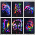Set of six neon video game posters with splatter-painted xbox and playstation controllers for gamer room decor
