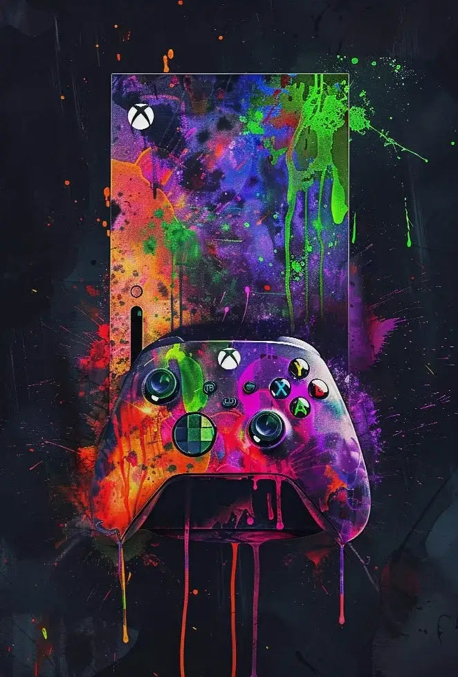 Vibrant splatter-painted xbox series x console and controller in neon green purple orange and pink for neon video game decorbites posters