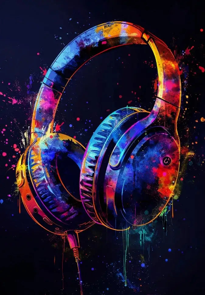 Vibrant splatter-painted over-ear headphones with a glossy metallic finish and neon color gradients for video game rooms