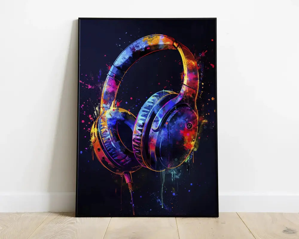 Decorbites™ neon video game posters featuring vibrant splatter-painted headphones in sleek black frame for gamer room