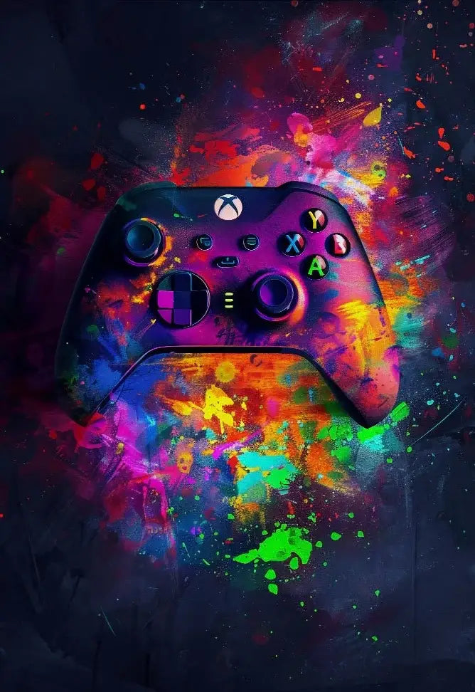Vibrant splatter-painted xbox controller with glossy black base and neon buttons for neon video game posters decor bites gamer room