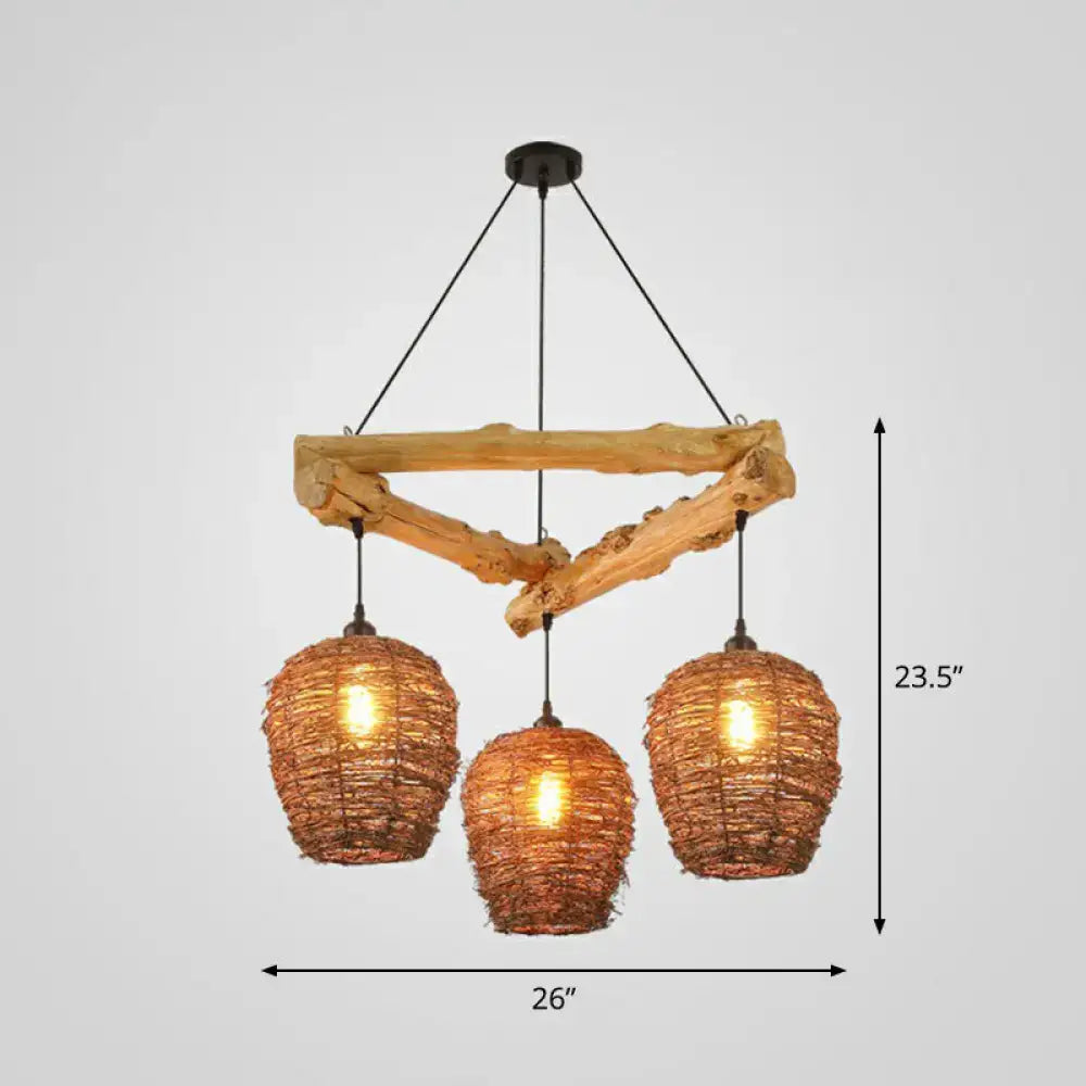 DecorBites™ Nordic 3-Bulb Island Light Brown Branch Pendant with Wooden Shade - Perfect for Bedrooms