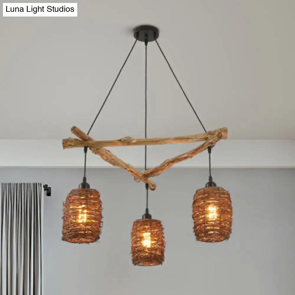 DecorBites™ Nordic 3-Bulb Island Light Brown Branch Pendant with Wooden Shade - Perfect for Bedrooms