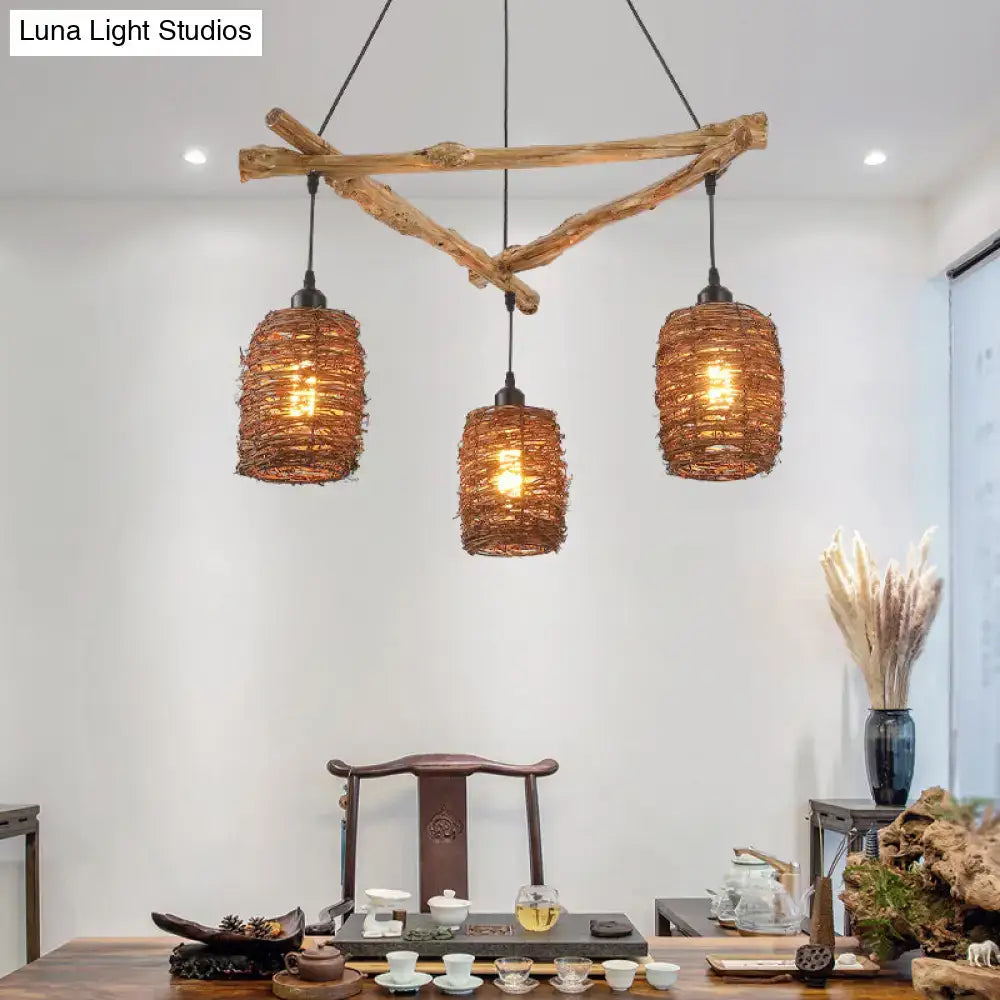 DecorBites™ Nordic 3-Bulb Island Light Brown Branch Pendant with Wooden Shade - Perfect for Bedrooms