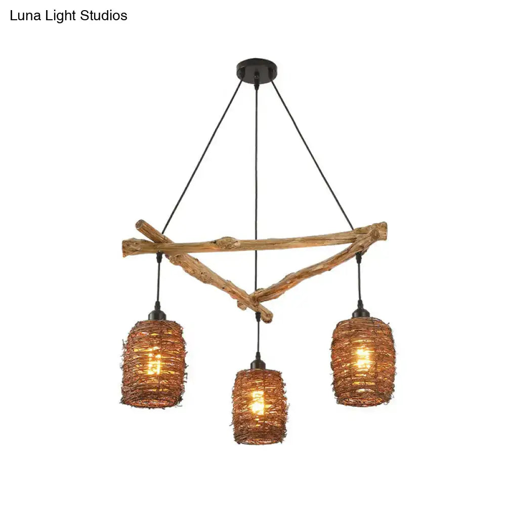 DecorBites™ Nordic 3-Bulb Island Light Brown Branch Pendant with Wooden Shade - Perfect for Bedrooms