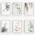 Set of six nordic botanical poster canvas prints featuring eucalyptus and palm leaves in soft greys and muted greens