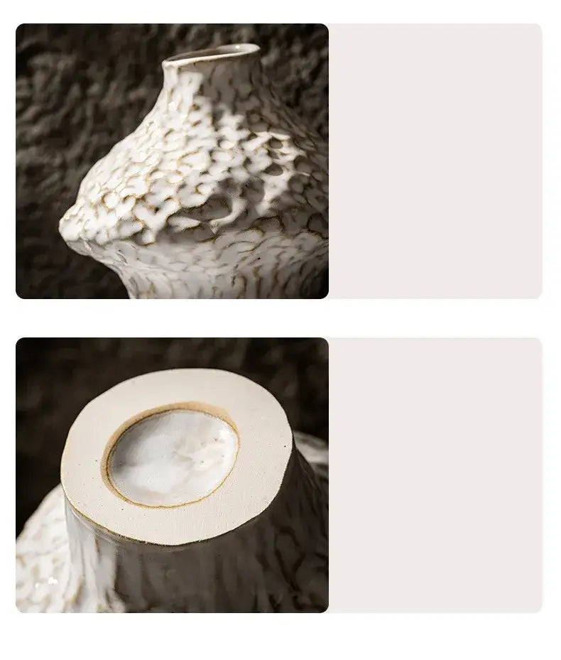 White nordic ceramic vase with textured honeycomb surface and smooth circular base by DecorBites™ with pampas grass