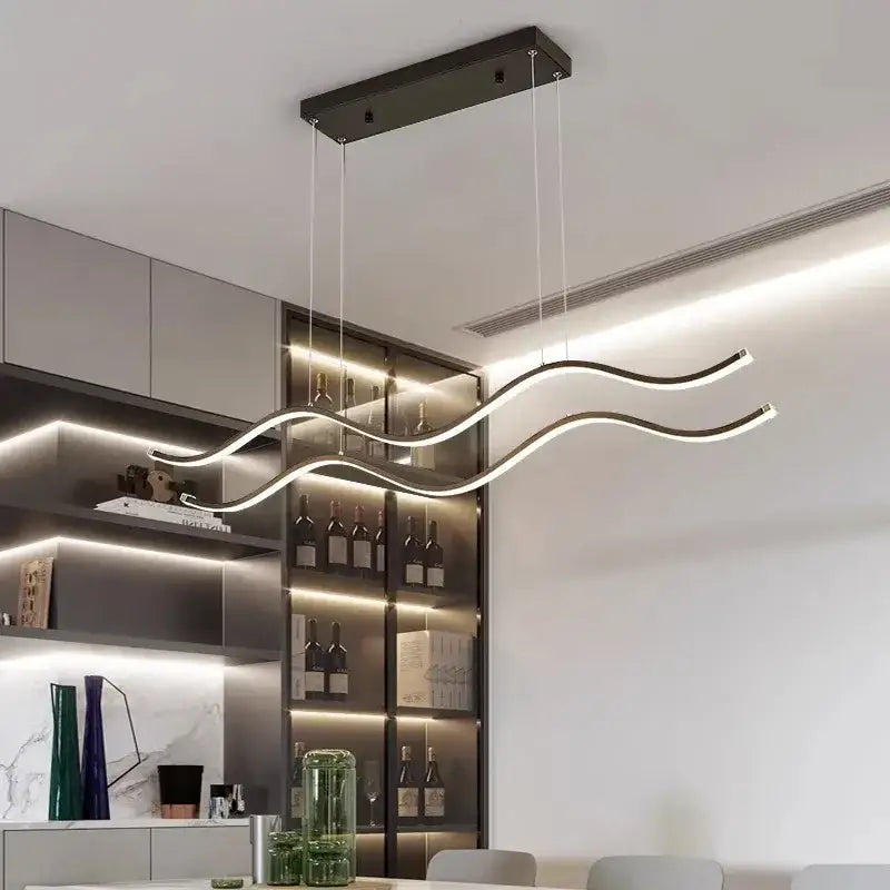 Modern minimalist pendant light with wave-shaped led strips in brushed metal for nordic chandeliers dining room lighting