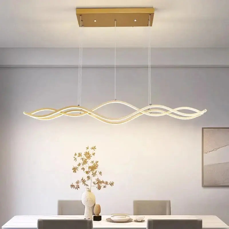 Modern gold-finished nordic chandelier with sleek wave design and led lighting for stylish dining room illumination