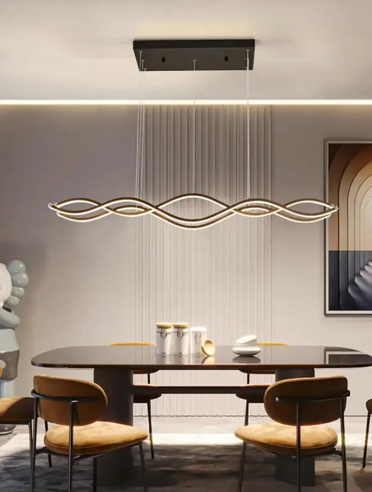 Modern wave-shaped led pendant light with sleek black frame and warm white curves for stylish dining room nordic chandeliers