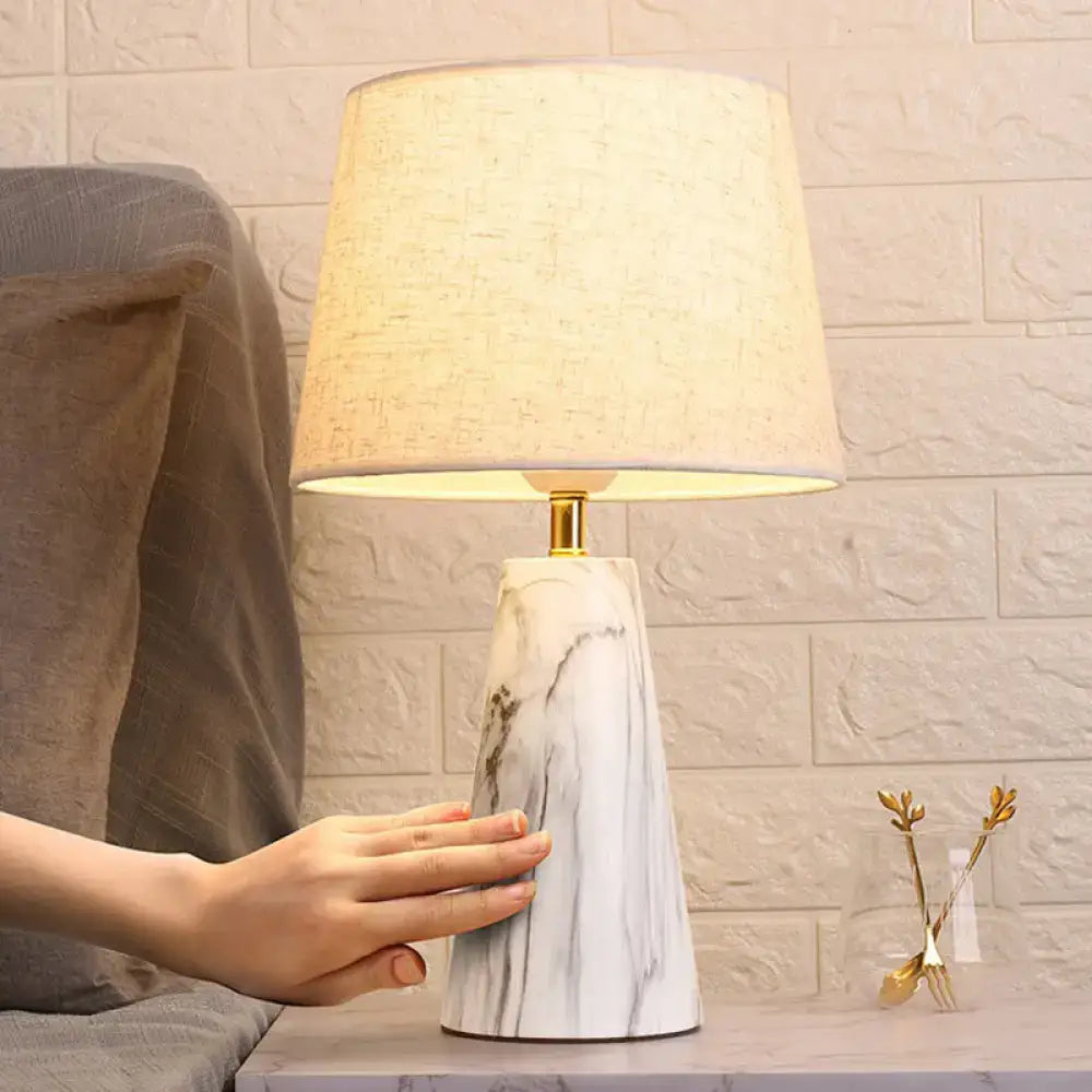 DecorBites™ Nordic Fabric Tapered Nightstand Lamp with Conic Marble Pedestal - 1 Bulb Table Light