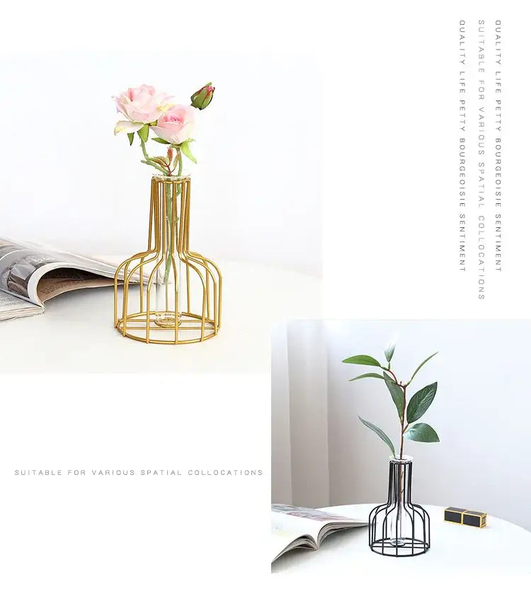 DecorBites™ Nordic Iron Golden Hydroponic Vase with Dried Flowers