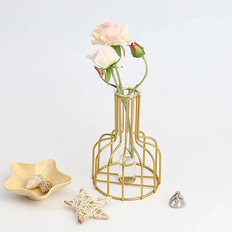 DecorBites™ Nordic Iron Golden Hydroponic Vase with Dried Flowers