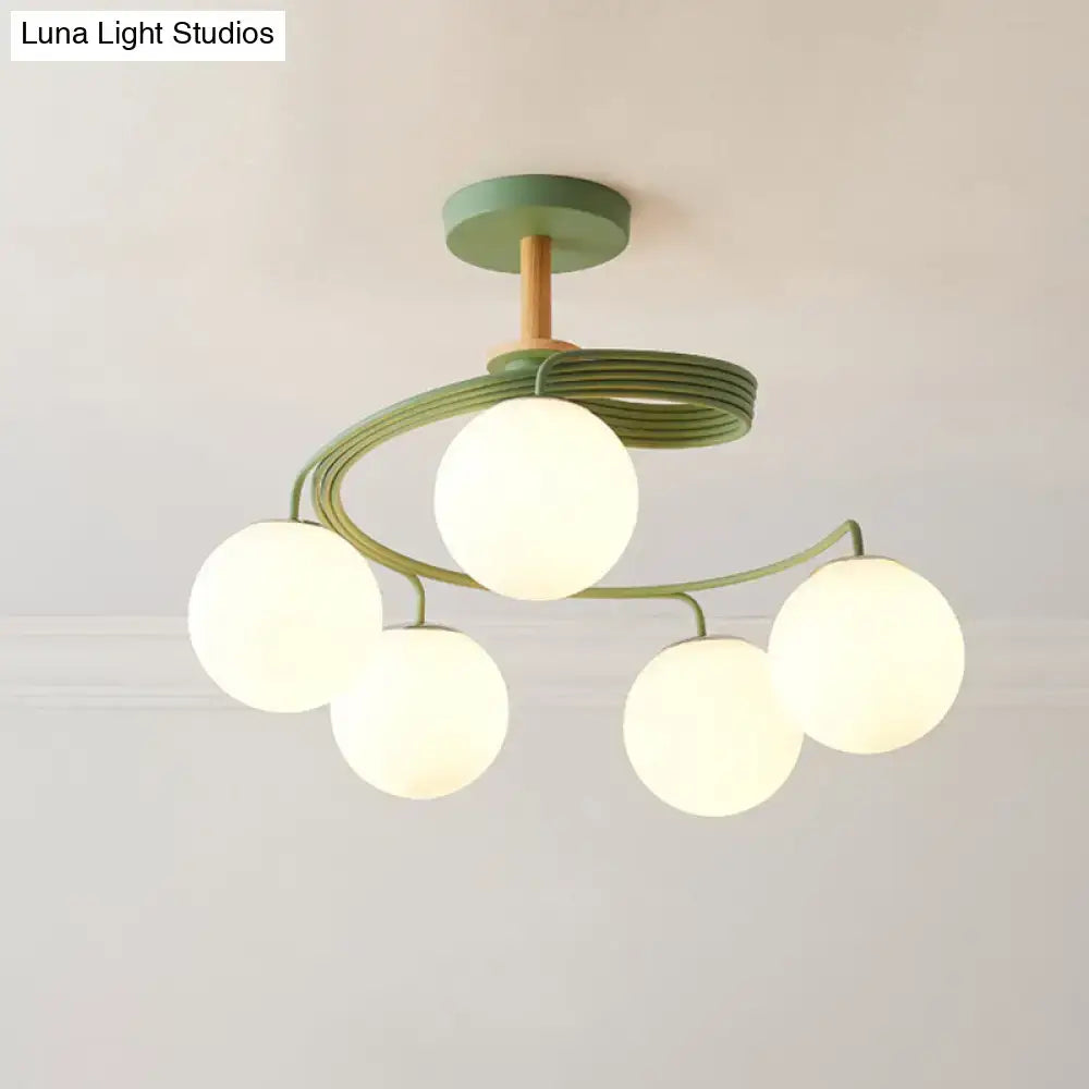 DecorBites™ Nordic Iron Swirl Flush Chandelier with 5 Bulbs, Grey/Green Semi Flush Ceiling Light featuring Orb Glass Shade and Wood Downrod