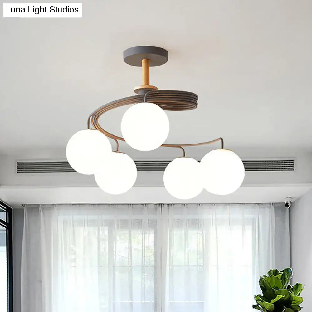 DecorBites™ Nordic Iron Swirl Flush Chandelier with 5 Bulbs, Grey/Green Semi Flush Ceiling Light featuring Orb Glass Shade and Wood Downrod
