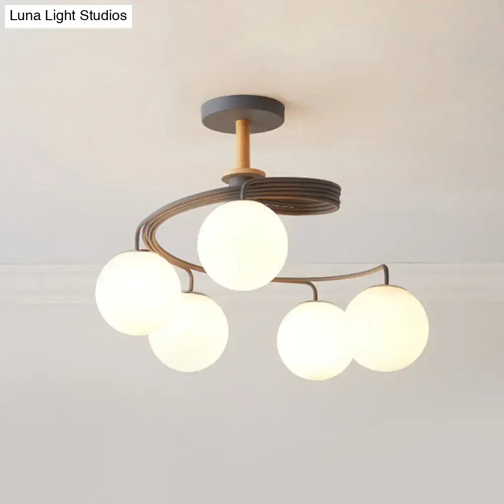 DecorBites™ Nordic Iron Swirl Flush Chandelier with 5 Bulbs, Grey/Green Semi Flush Ceiling Light featuring Orb Glass Shade and Wood Downrod