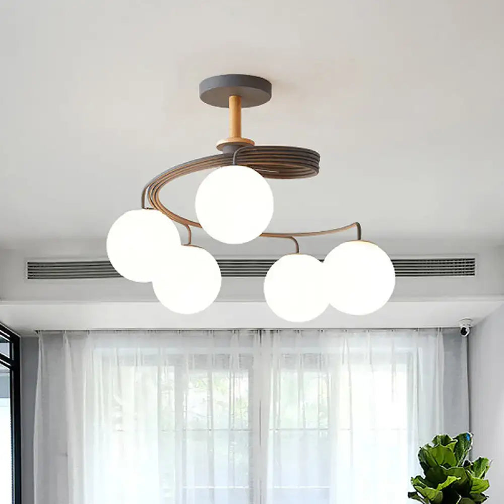 DecorBites™ Nordic Iron Swirl Flush Chandelier with 5 Bulbs, Grey/Green Semi Flush Ceiling Light featuring Orb Glass Shade and Wood Downrod