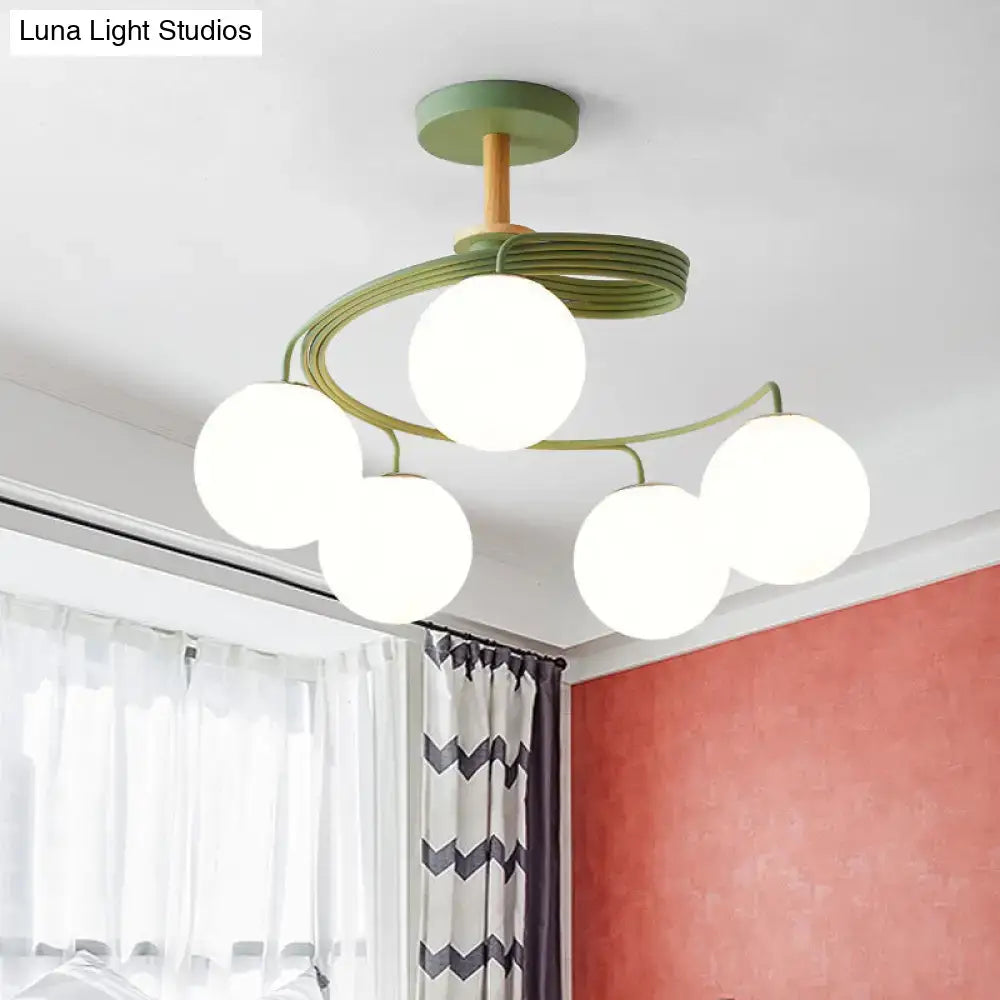 DecorBites™ Nordic Iron Swirl Flush Chandelier with 5 Bulbs, Grey/Green Semi Flush Ceiling Light featuring Orb Glass Shade and Wood Downrod
