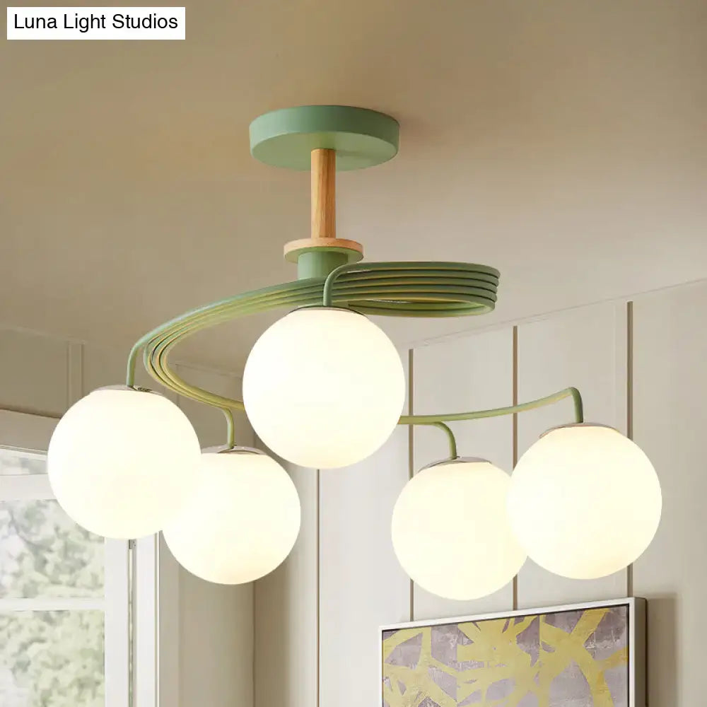 DecorBites™ Nordic Iron Swirl Flush Chandelier with 5 Bulbs, Grey/Green Semi Flush Ceiling Light featuring Orb Glass Shade and Wood Downrod