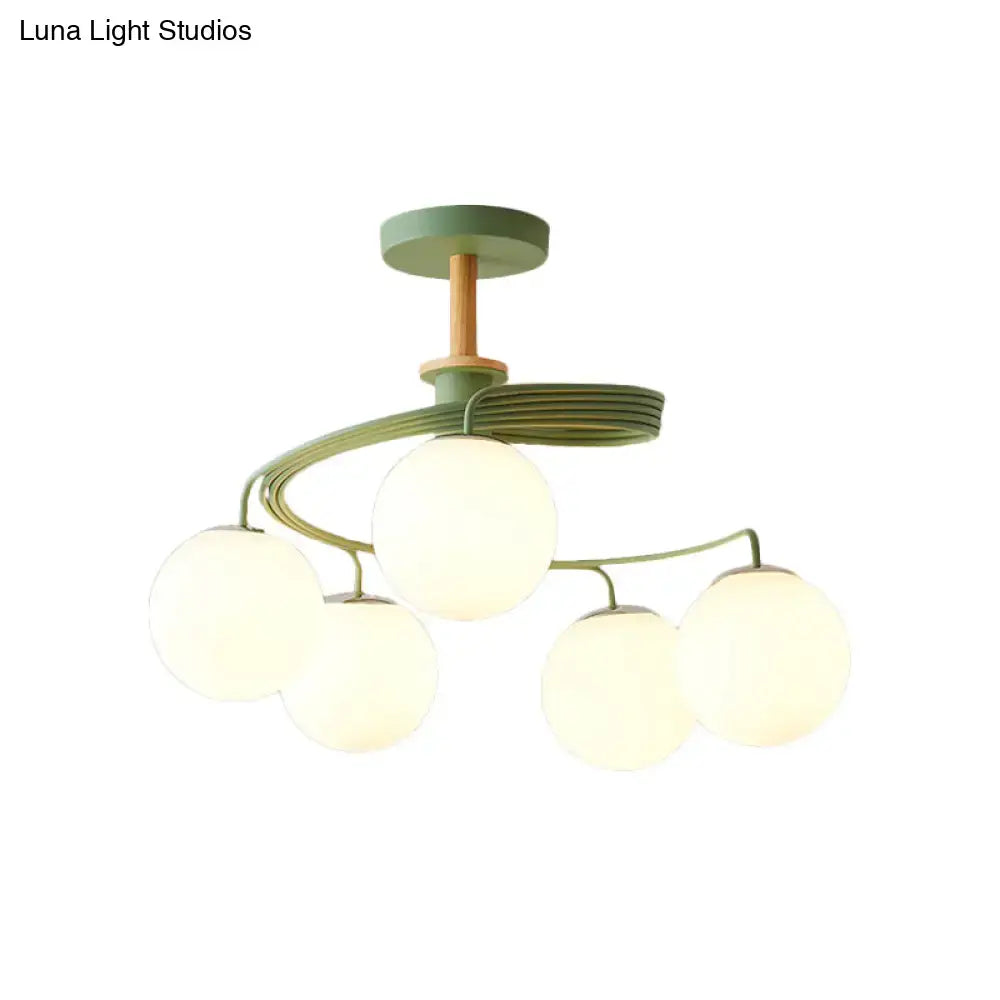 DecorBites™ Nordic Iron Swirl Flush Chandelier with 5 Bulbs, Grey/Green Semi Flush Ceiling Light featuring Orb Glass Shade and Wood Downrod
