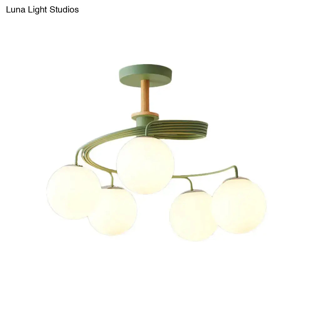 DecorBites™ Nordic Iron Swirl Flush Chandelier with 5 Bulbs, Grey/Green Semi Flush Ceiling Light featuring Orb Glass Shade and Wood Downrod