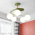 DecorBites™ Nordic Iron Swirl Flush Chandelier with 5 Bulbs, Grey/Green Semi Flush Ceiling Light featuring Orb Glass Shade and Wood Downrod