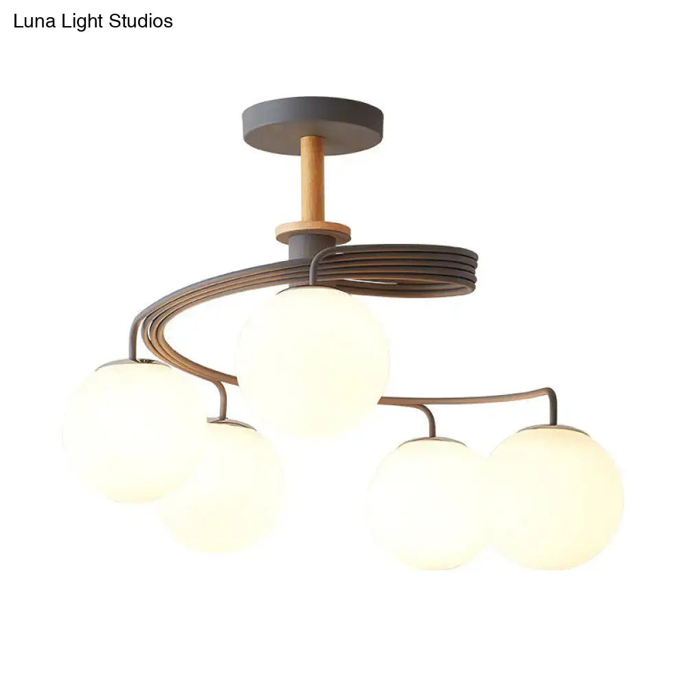 DecorBites™ Nordic Iron Swirl Flush Chandelier with 5 Bulbs, Grey/Green Semi Flush Ceiling Light featuring Orb Glass Shade and Wood Downrod