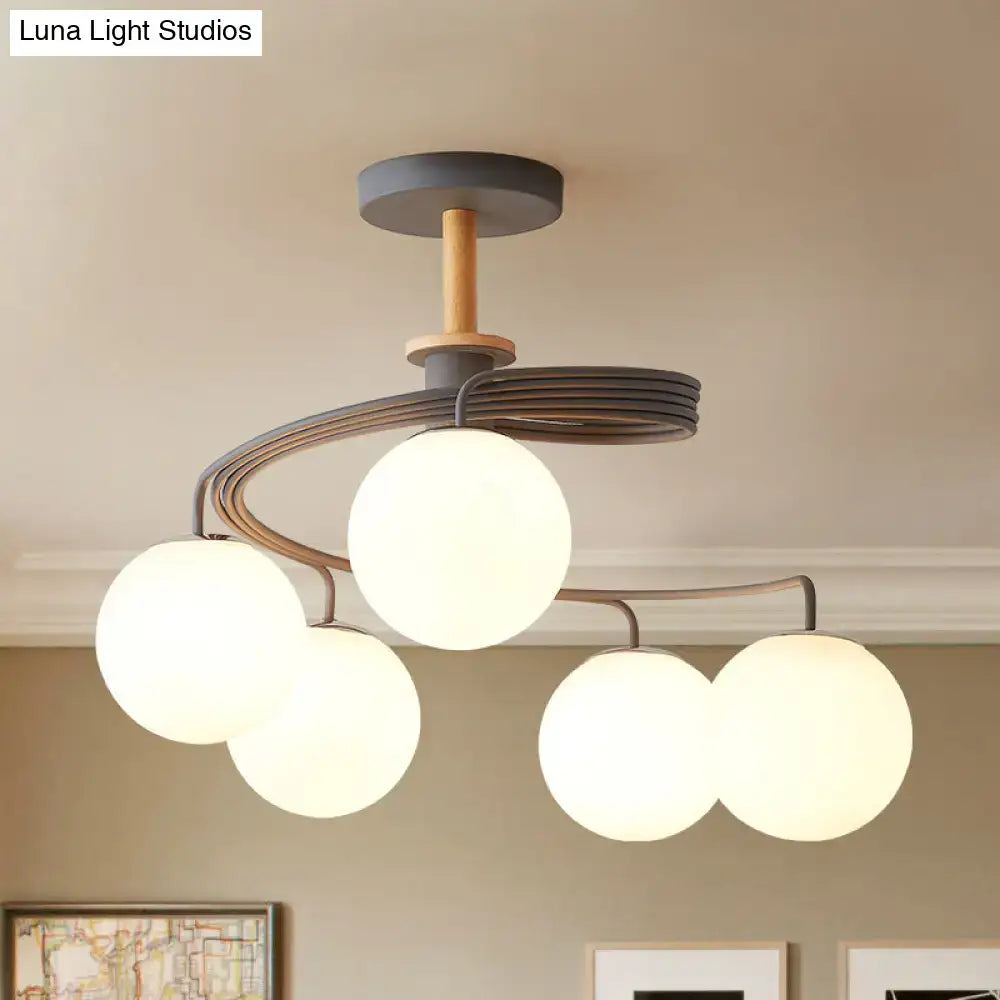 DecorBites™ Nordic Iron Swirl Flush Chandelier with 5 Bulbs, Grey/Green Semi Flush Ceiling Light featuring Orb Glass Shade and Wood Downrod
