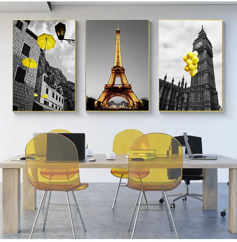 Three framed nordic landscape canvas prints featuring black and white iconic landmarks with vibrant yellow accents