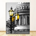 Vintage-style black wrought iron street lamp with three glowing amber lanterns featured in nordic landscape canvas