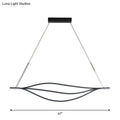Modern black led lightbulb pendant light with curved metallic leaf-like strips suspended from silver cables